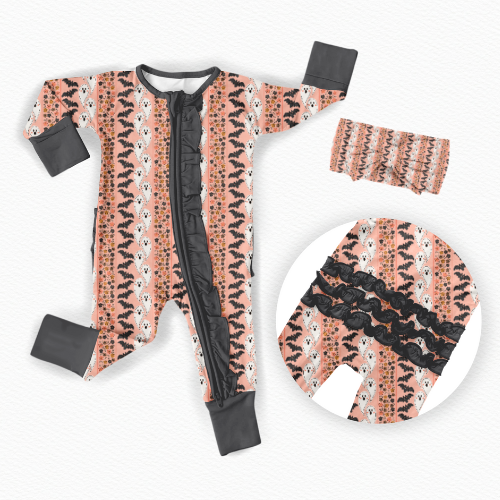 Bamboo Ruffle Zipper Romper & Bow Headband Set